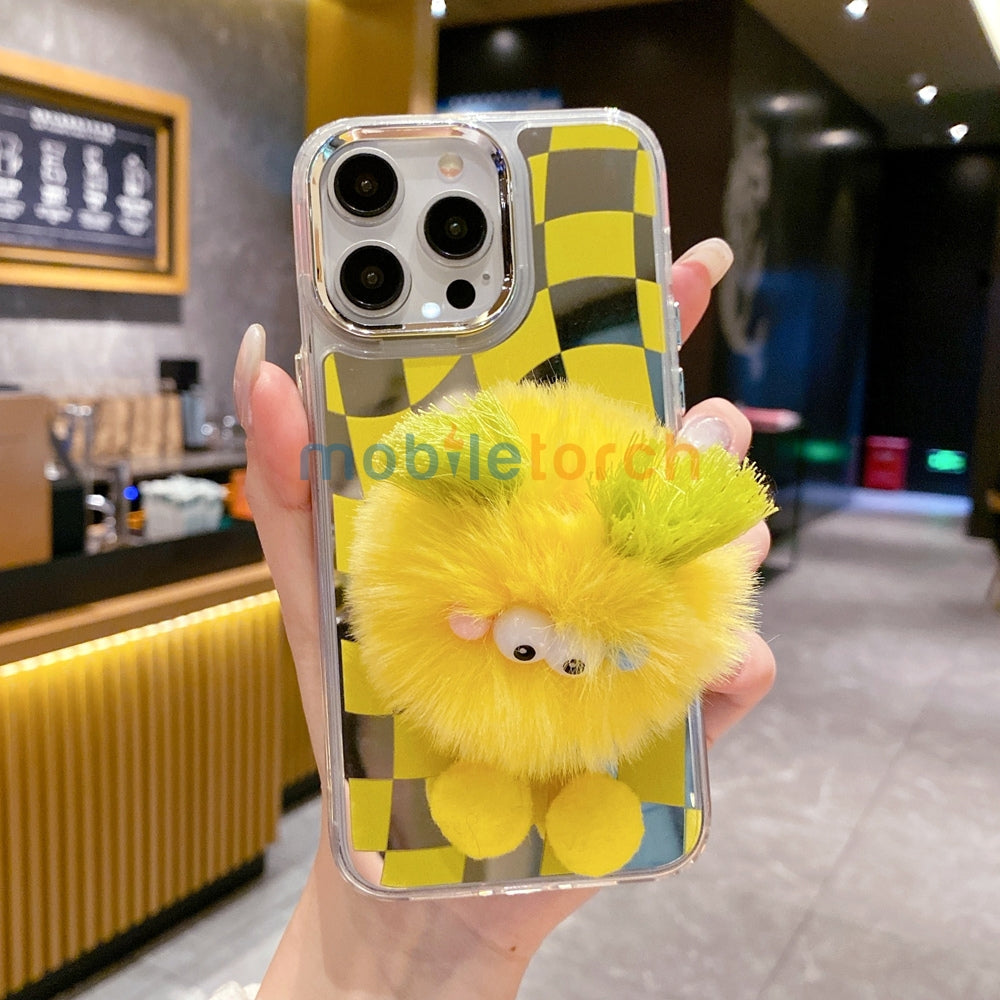 Graphic Mirror Fluffy Pom Pom Ball Stand TPU (Soft) Phone Case - iPhone 12 Pro