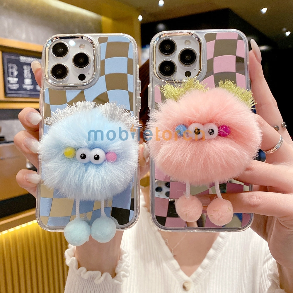 Graphic Mirror Fluffy Pom Pom Ball Stand TPU (Soft) Phone Case - iPhone 12 Pro