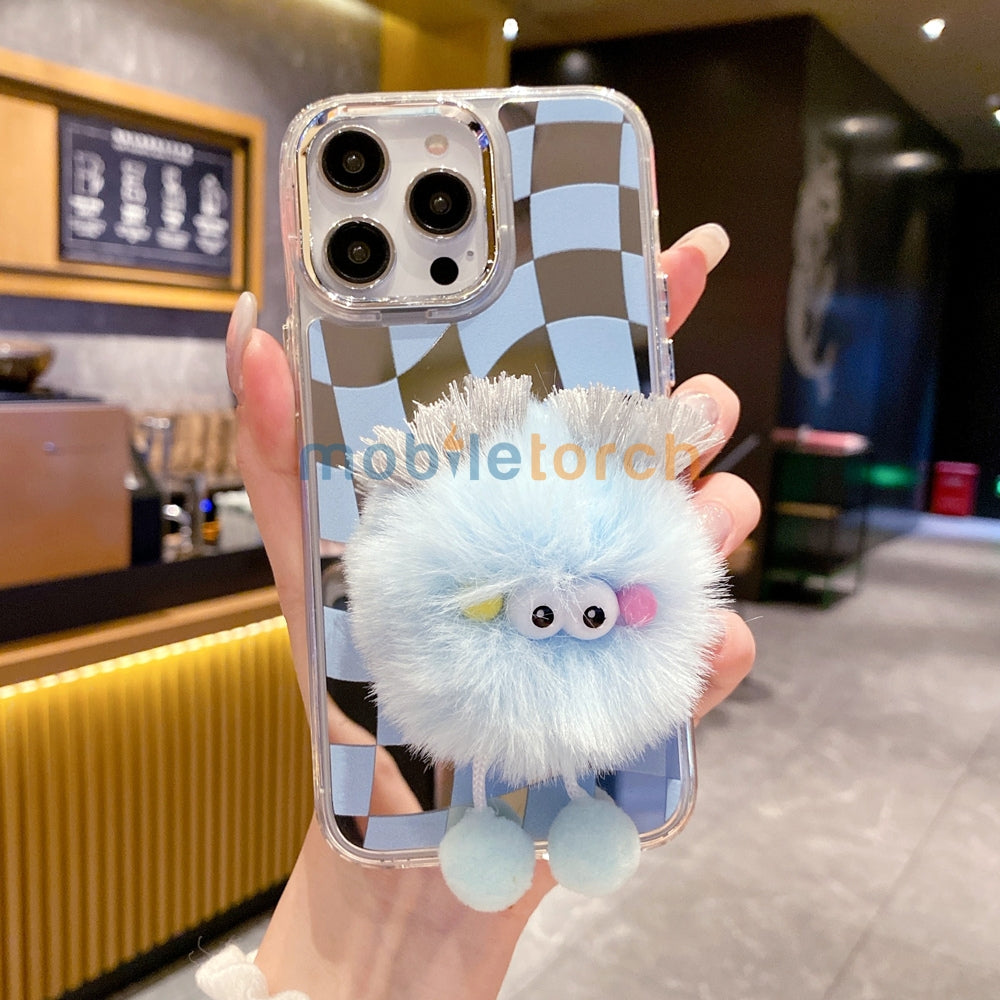 Graphic Mirror Fluffy Pom Pom Ball Stand TPU (Soft) Phone Case - iPhone 12 Pro