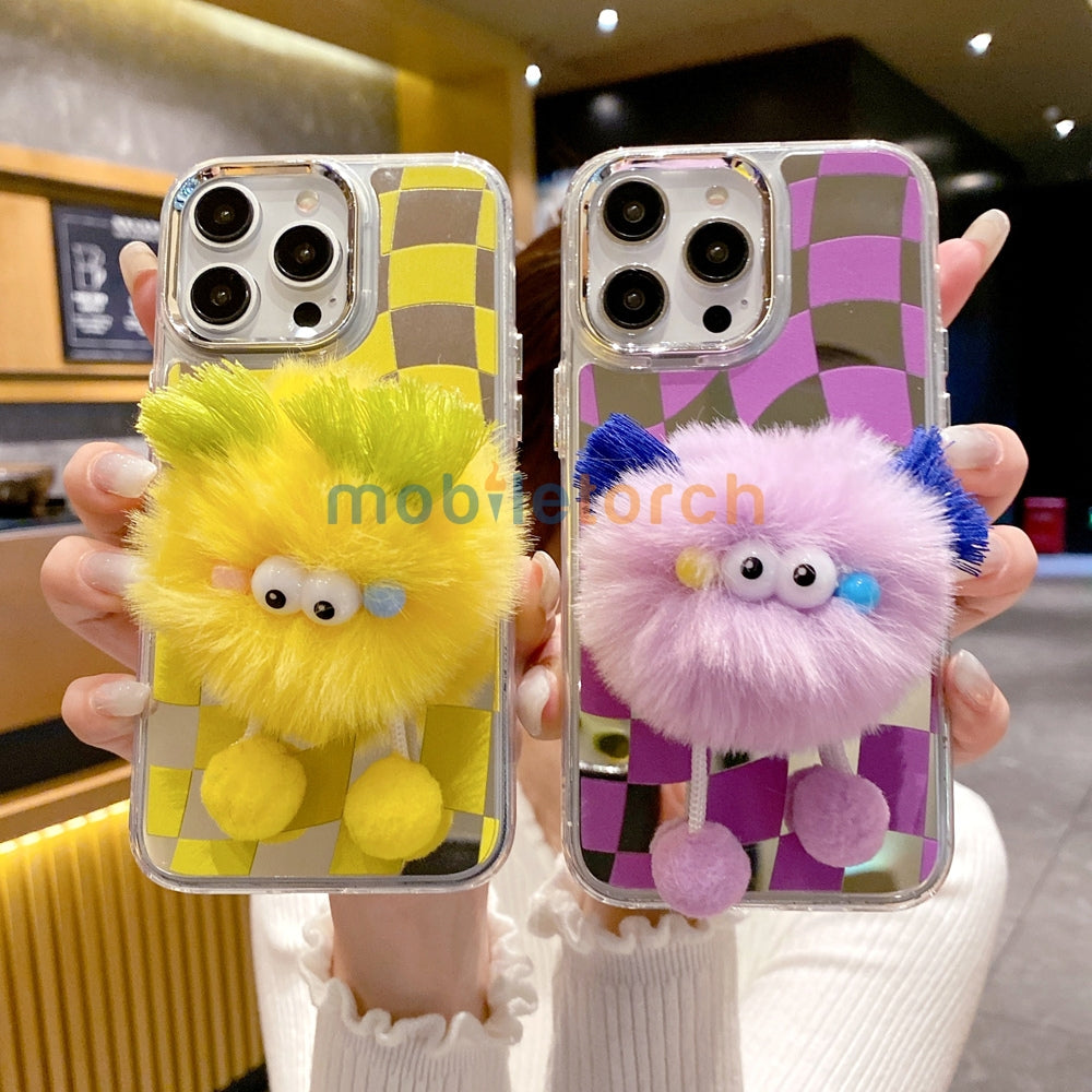 Graphic Mirror Fluffy Pom Pom Ball Stand TPU (Soft) Phone Case - iPhone 12 Pro