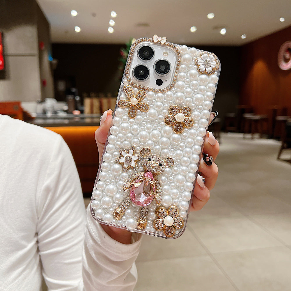 Handmade Decorative Pearl and Diamond Bear Phone Case