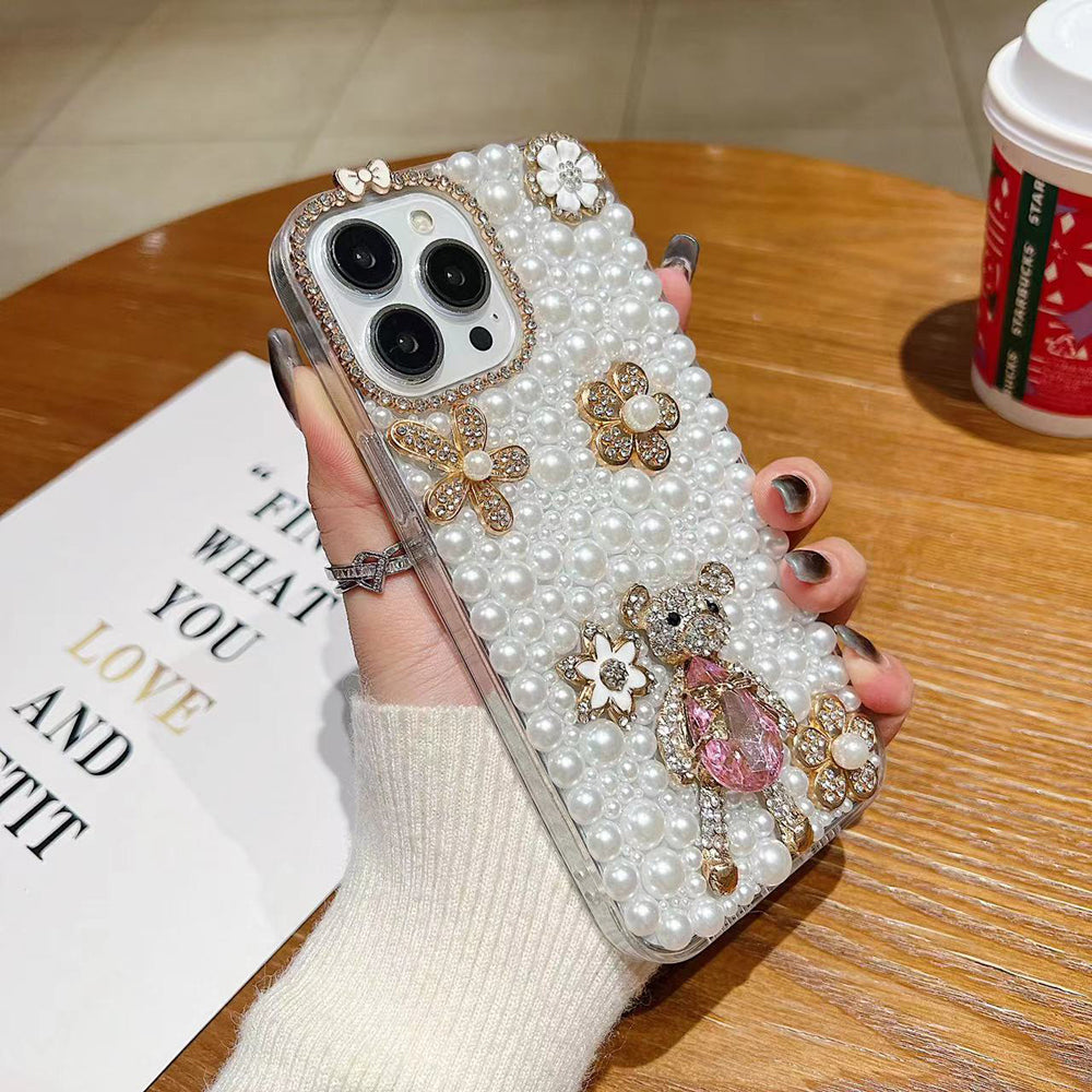 Handmade Decorative Pearl and Diamond Bear Phone Case