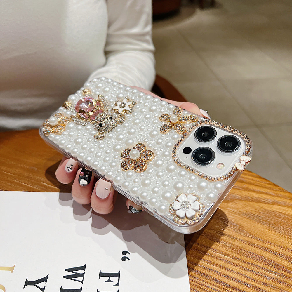 Handmade Decorative Pearl and Diamond Bear Phone Case