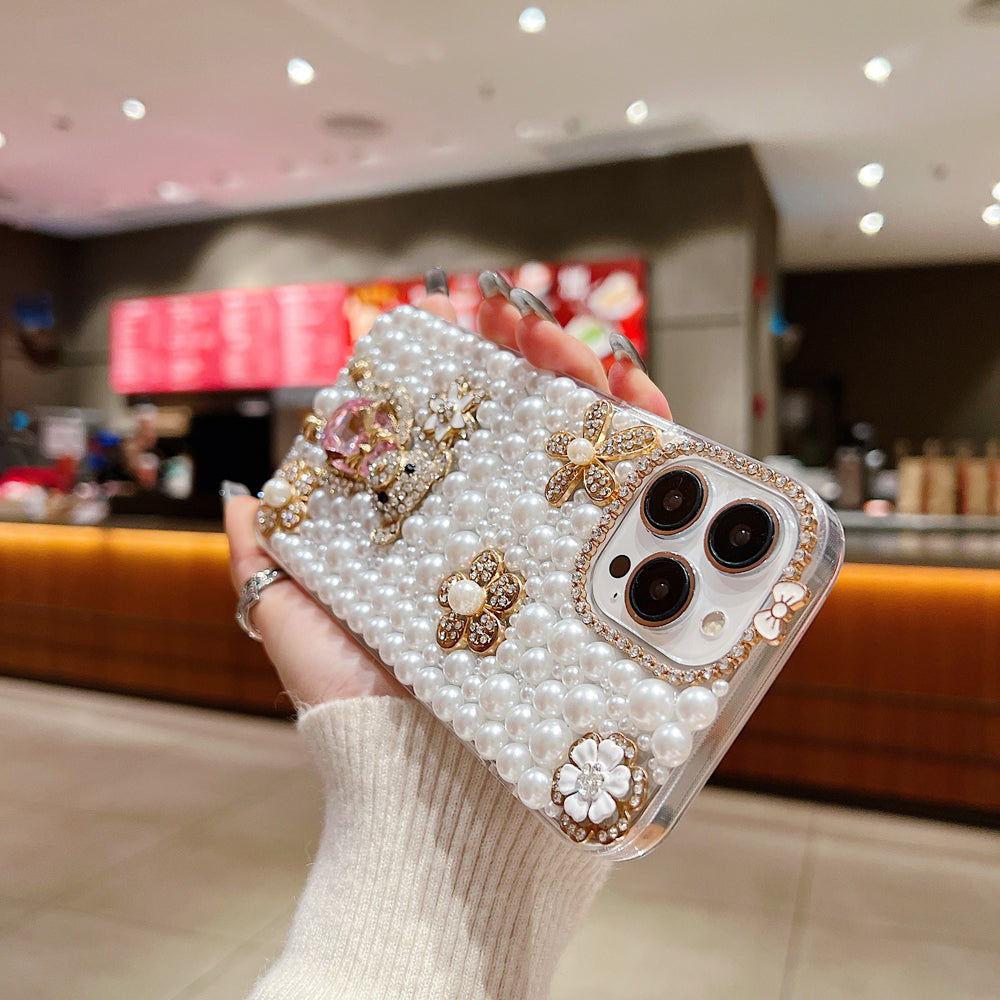 Handmade Decorative Pearl and Diamond Bear Phone Case