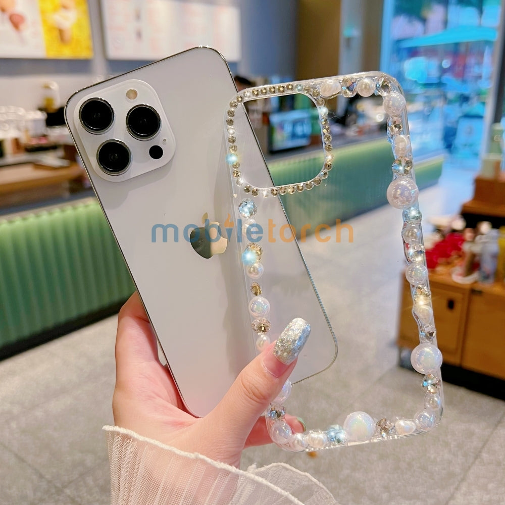 Handmade Pearl Border PC(Hard) | TPU(Soft) Transparent Case - iPhone 14 Pro