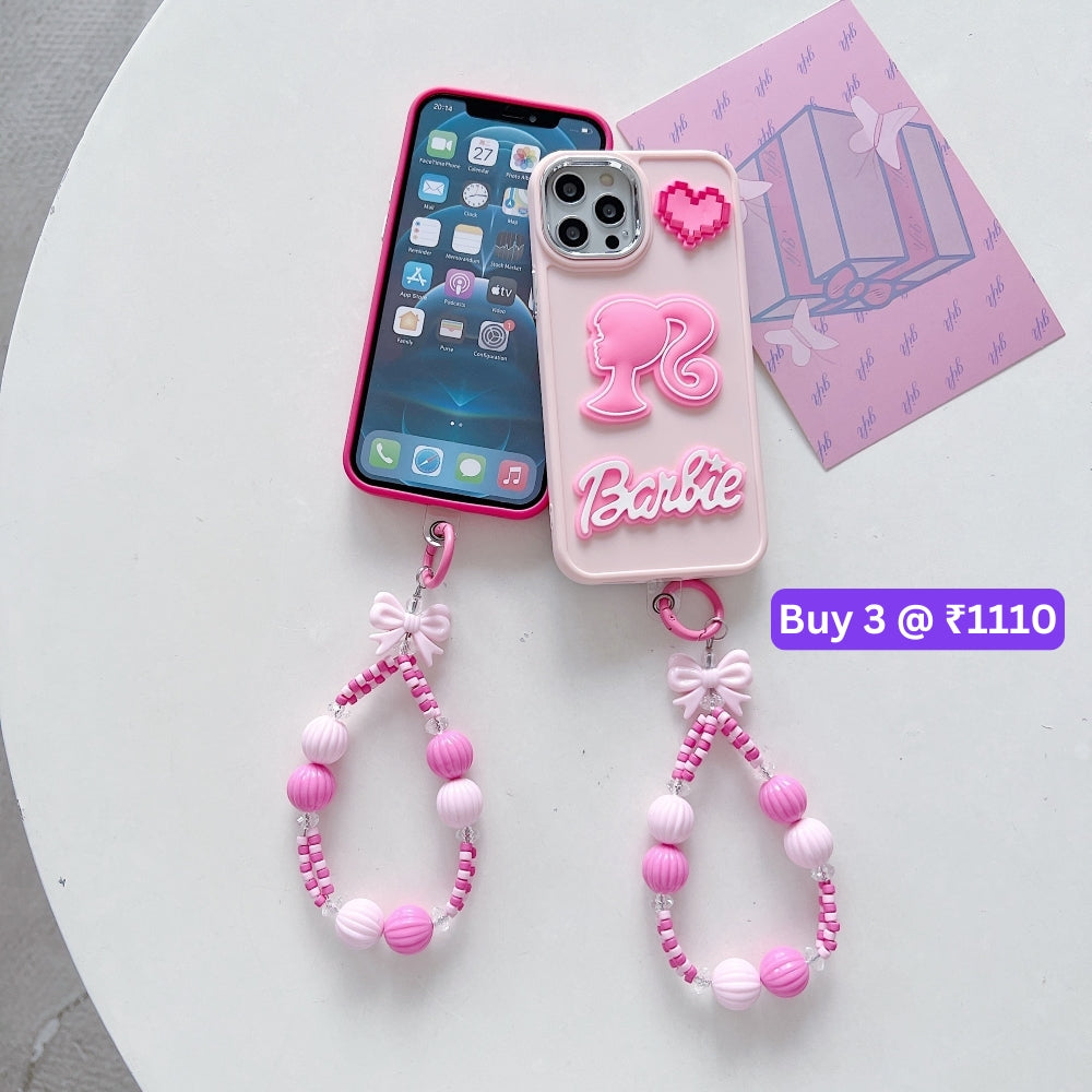 Heart and Doll Charm Silicone Soft Phone Case with Bracelet - iPhone 15 Pro Max