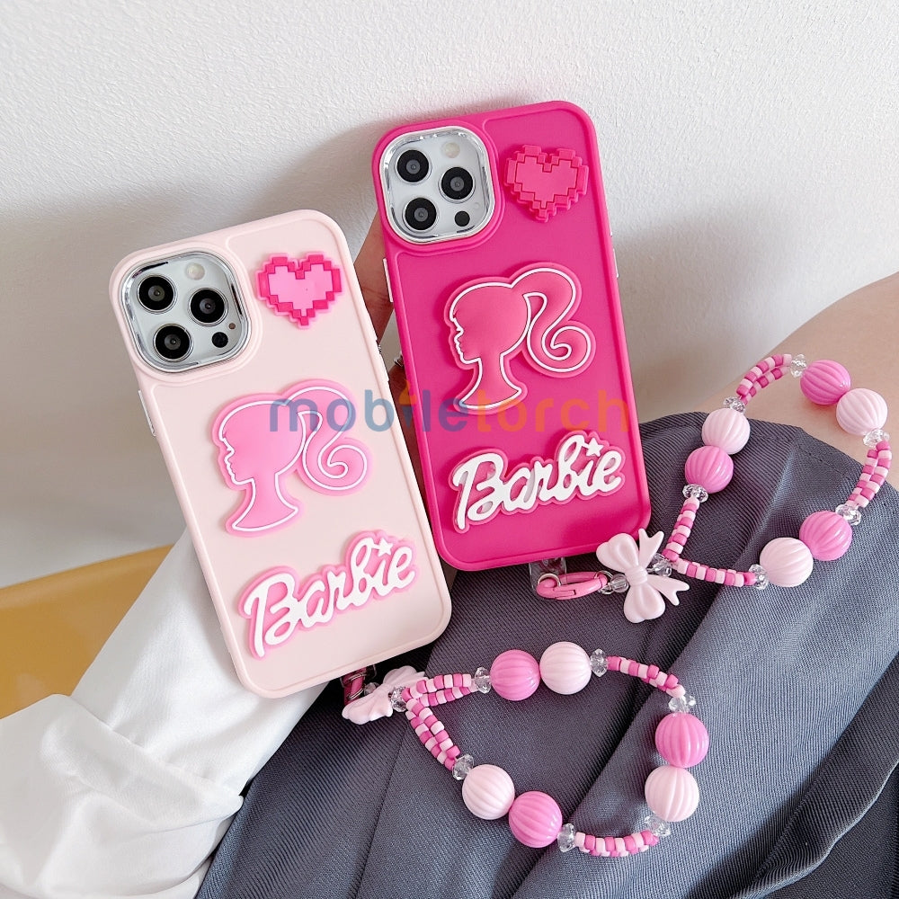 Heart and Doll Charm Silicone Soft Phone Case with Bracelet - iPhone 15 Pro Max