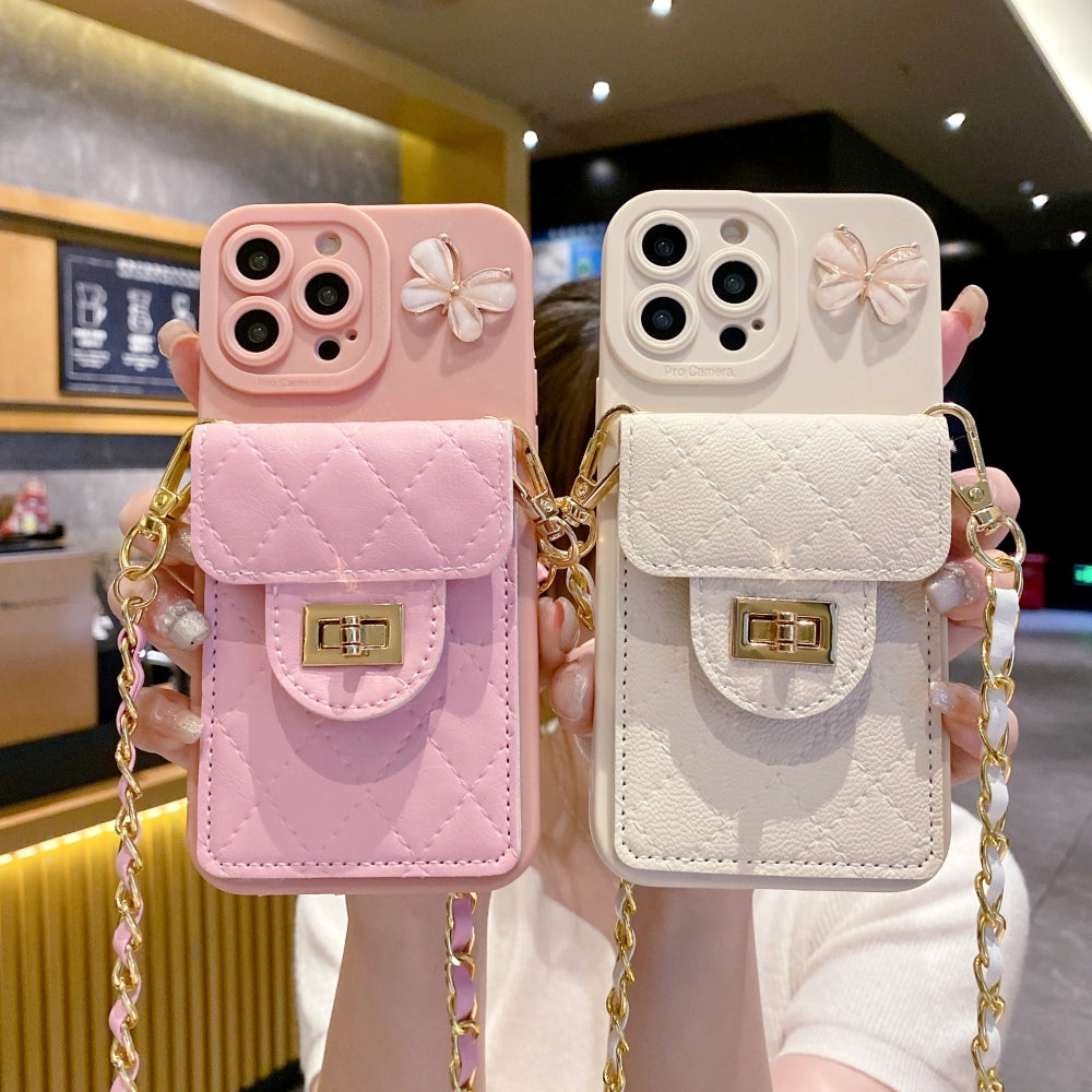 Luxury PU Leather Wallet Silicone Phone Case with Crossbody Chain Card Slot Bag - iPhone 15 Plus