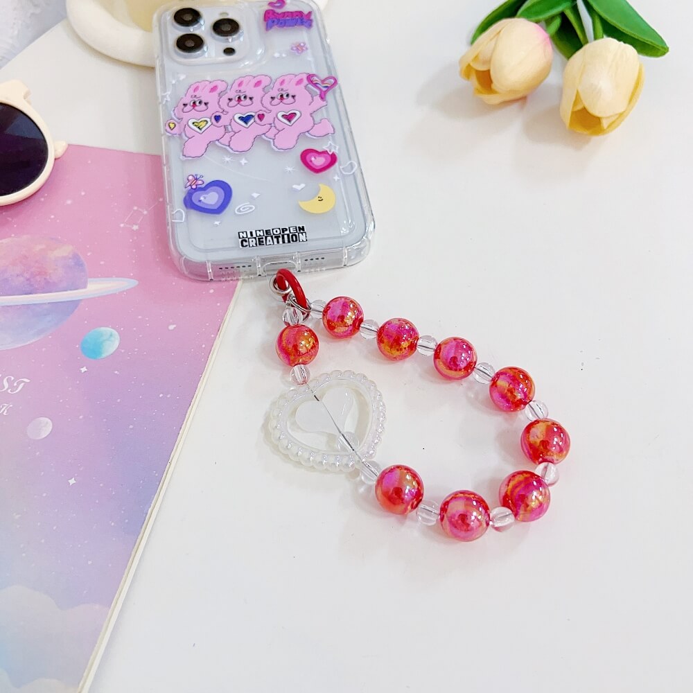Multicolor Heart Bead and Pearl Bracelet Phone Charm