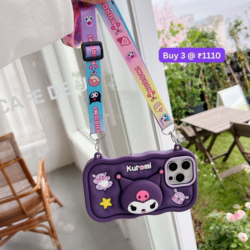 Kuromi Retractable Stand Phone Case with Shoulder Strap | Mobile Cover - iPhone 13