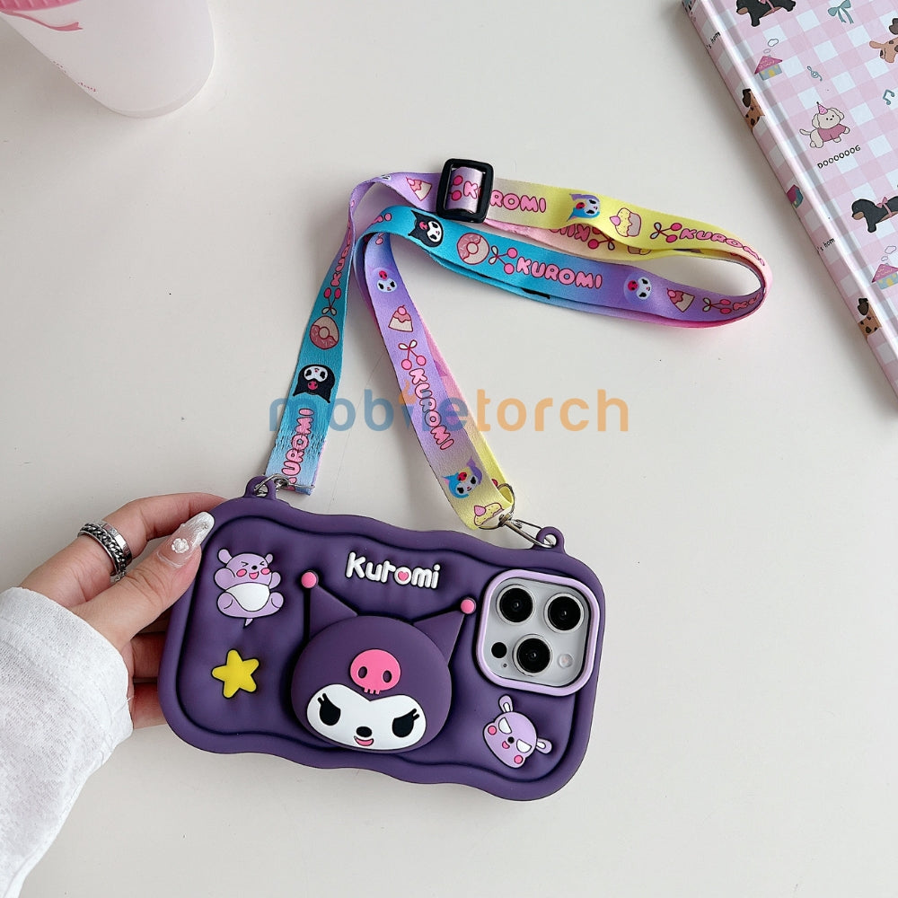 Kuromi Retractable Stand Phone Case with Shoulder Strap | Mobile Cover - iPhone 13 Pro Max