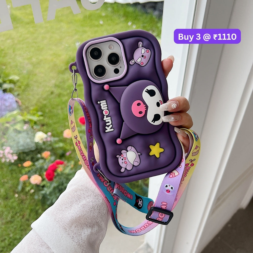 Kuromi Retractable Stand Phone Case with Shoulder Strap | Mobile Cover - iPhone 13