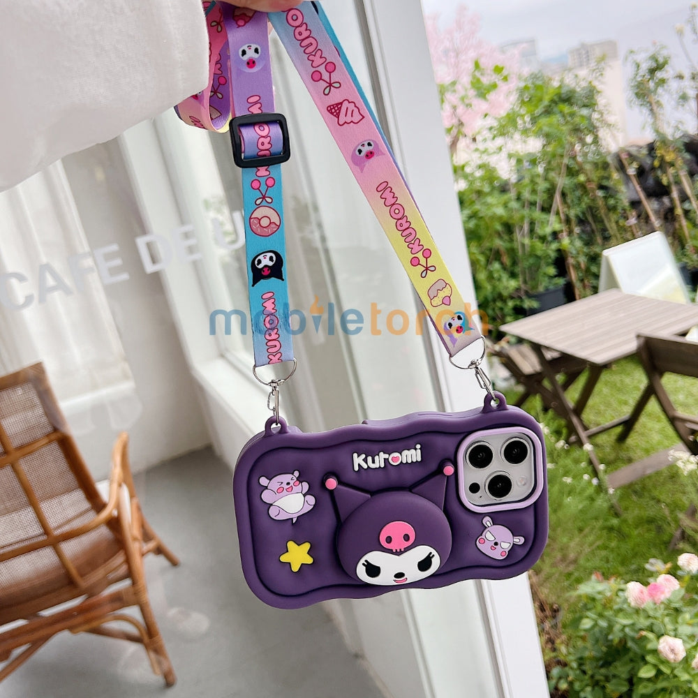 Kuromi Retractable Stand Phone Case with Shoulder Strap | Mobile Cover - iPhone 13 Pro Max