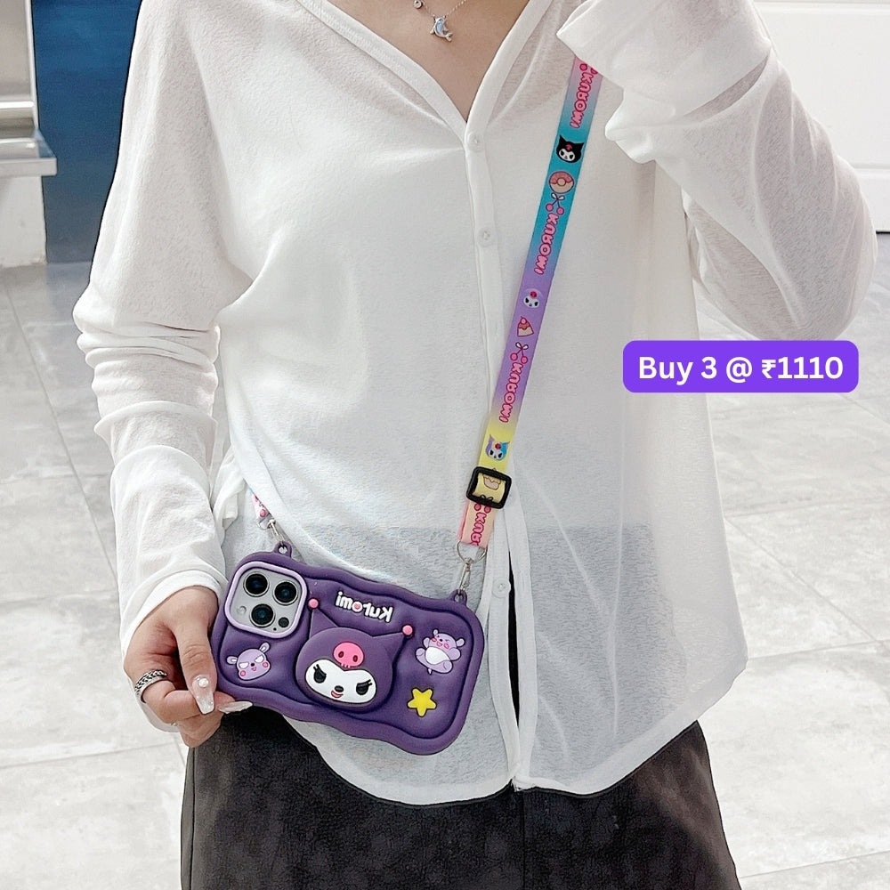 Kuromi Retractable Stand Phone Case with Shoulder Strap | Mobile Cover - iPhone 13