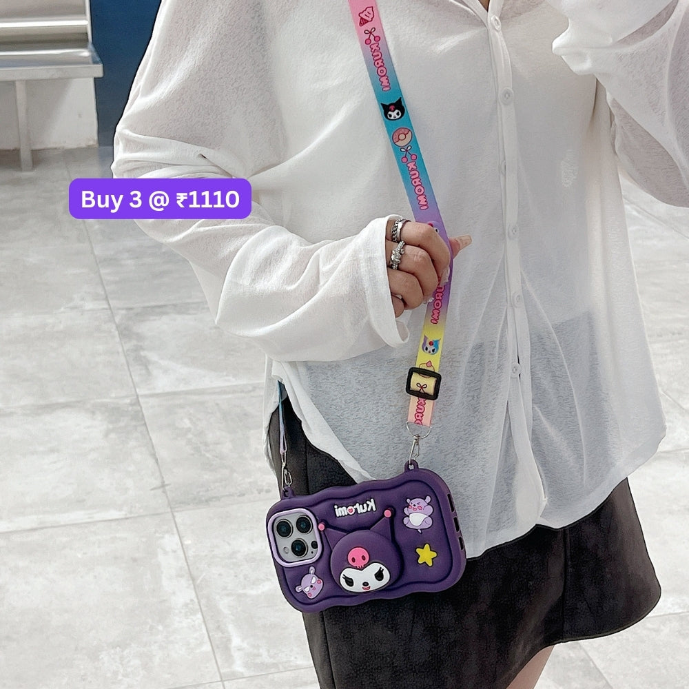 Kuromi Retractable Stand Phone Case with Shoulder Strap | Mobile Cover - iPhone 13