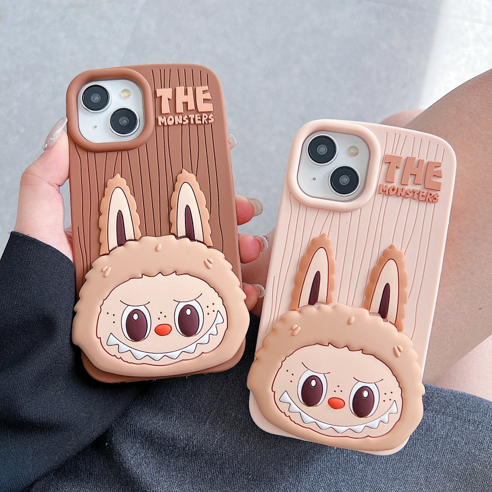 Labubu Cartoon Flip Makeup Mirror Stand Silicone Soft Phone Case | Mobile Cover - iPhone 16 Pro