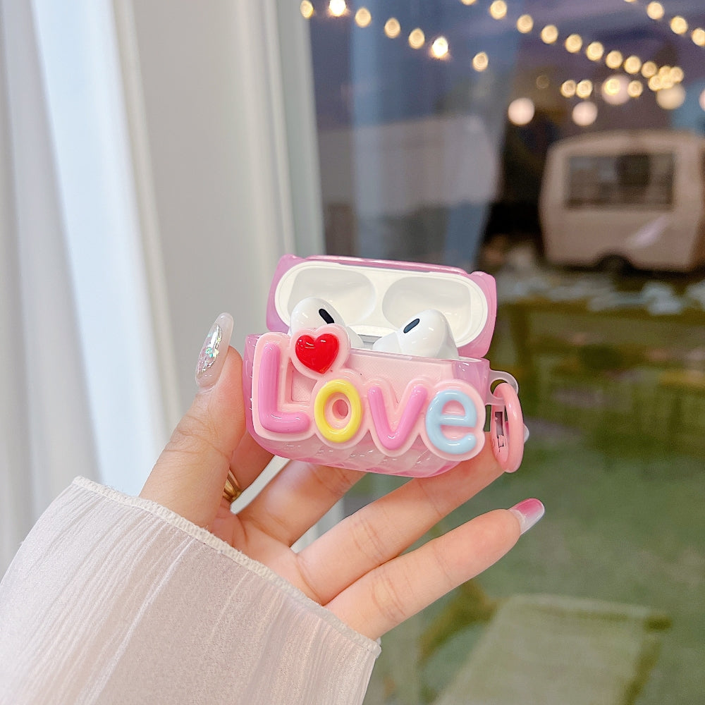 Love Embossed Pattern Case | PC (Hard) Case with Keychain Hook for Airpod Pro 2 | Airpod 3 | Airpod 4