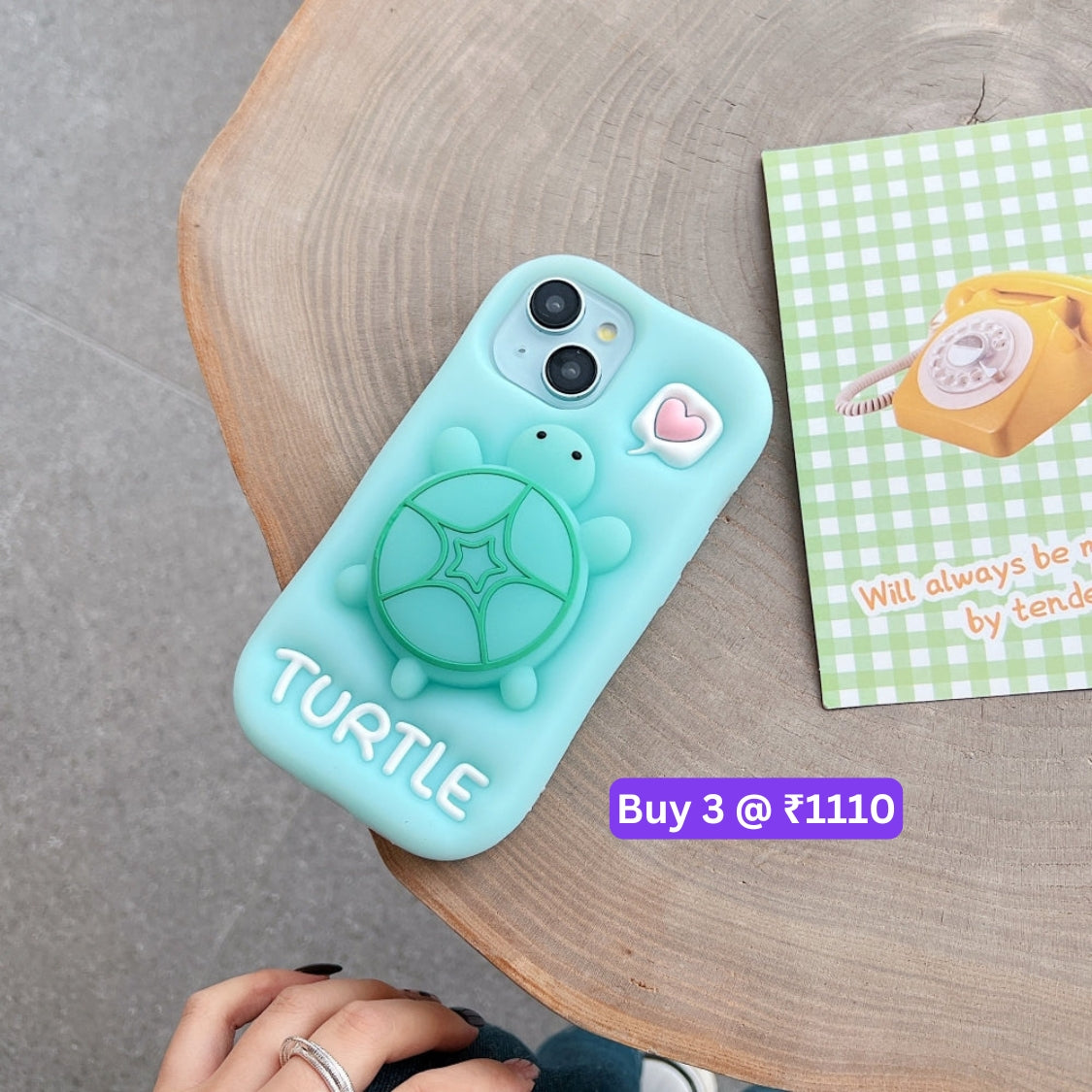 Luminous Tortoise Stand Silicone Soft Phone Case - iPhone 15 Pro