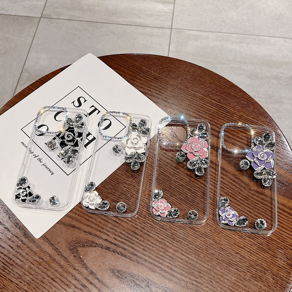 Luxury Camellia Water Diamond Transparent Phone Case