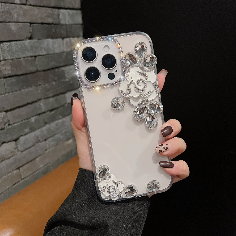 Luxury Camellia Water Diamond Transparent Phone Case
