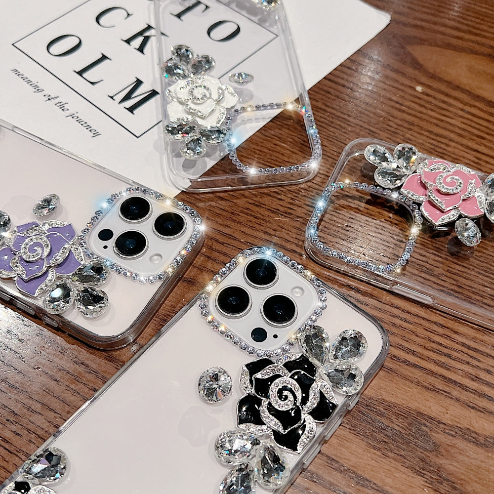 Luxury Camellia Water Diamond Transparent Phone Case