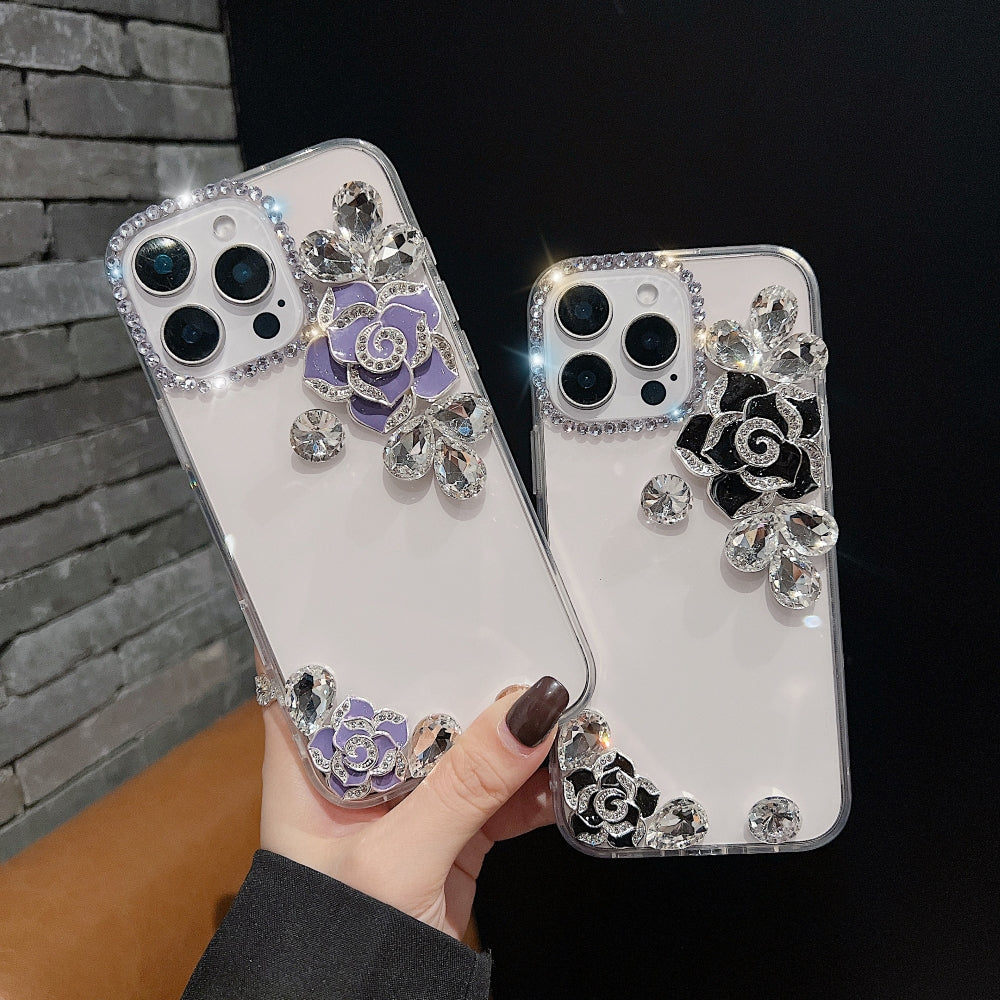 Luxury Camellia Water Diamond Transparent Phone Case