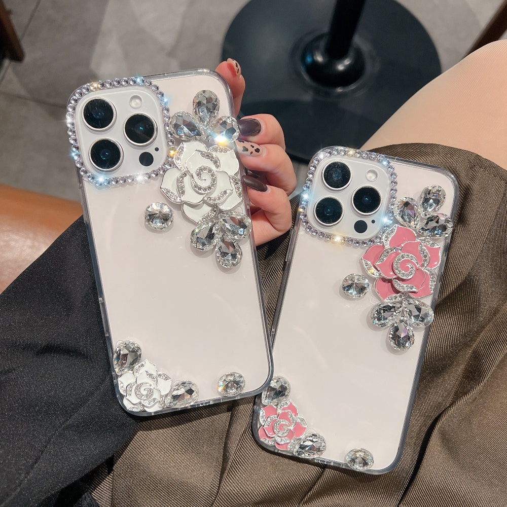 Luxury Camellia Water Diamond Transparent Phone Case