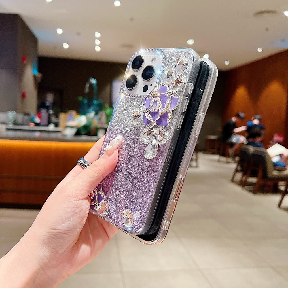 Luxury Camellia Water Diamond PC (Hard) Phone Case with Shimmer Paper - iPhone 15 Pro Max