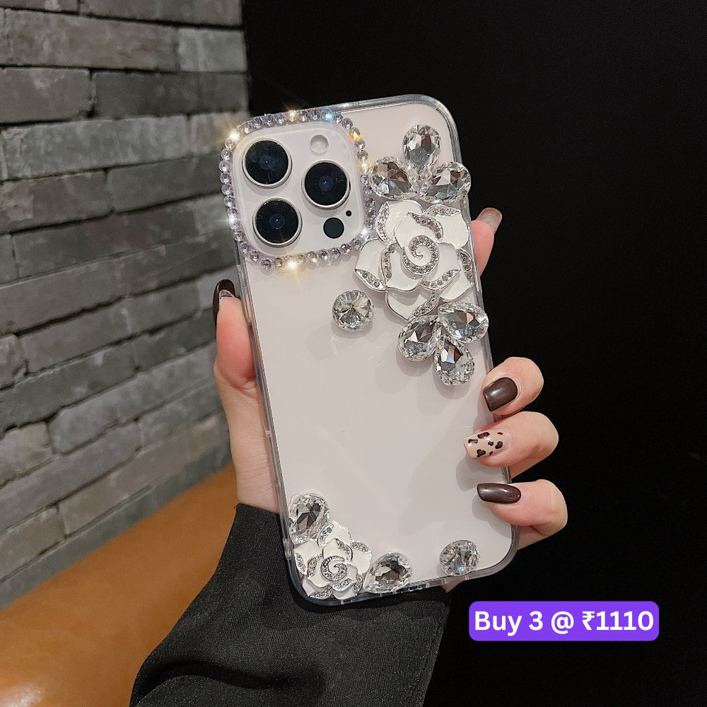 Luxury Camellia Water Diamond Transparent Phone Case - Samsung S24