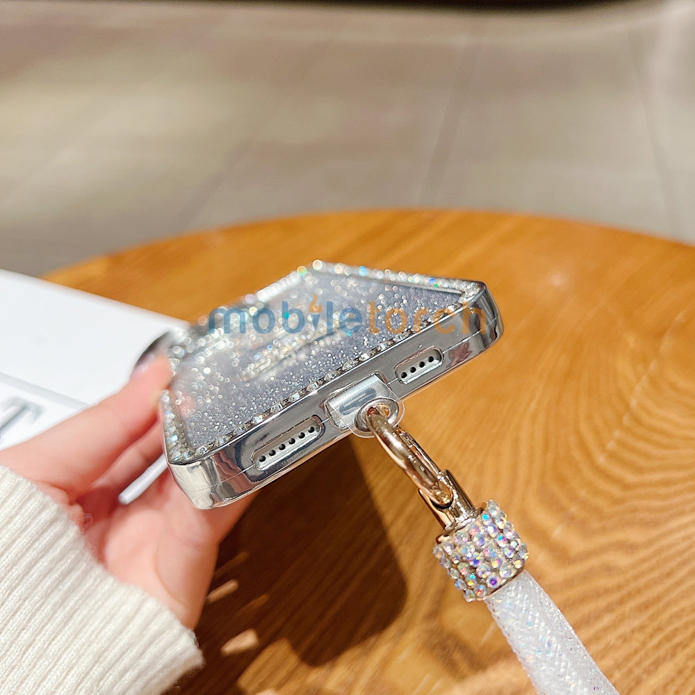 Luxury Design Glittery Cartoon Diamond Border Phone Case with Bracelet - iPhone 14 Pro