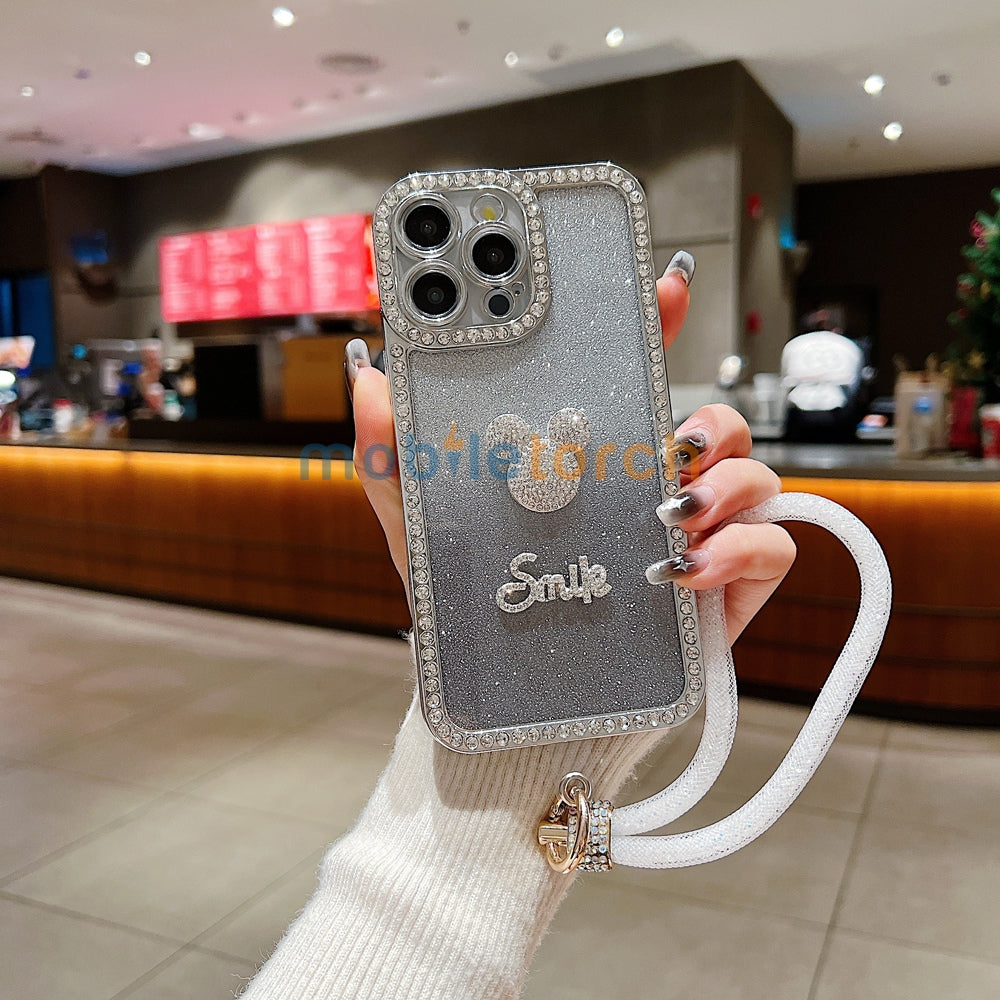 Luxury Design Glittery Cartoon Diamond Border Phone Case with Bracelet - iPhone 14 Pro