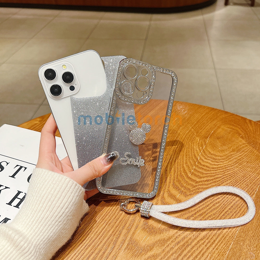 Luxury Design Glittery Cartoon Diamond Border Phone Case with Bracelet - iPhone 14 Pro