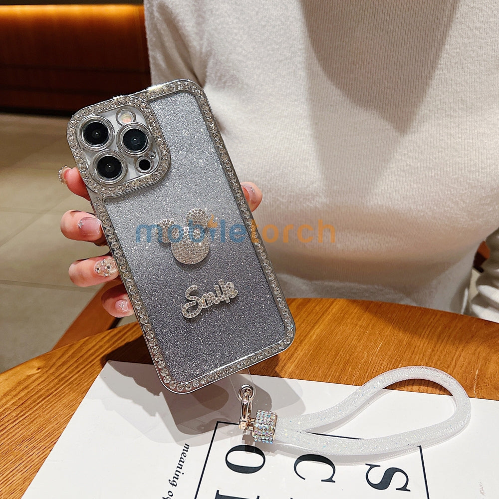 Luxury Design Glittery Cartoon Diamond Border Phone Case with Bracelet - iPhone 14 Pro
