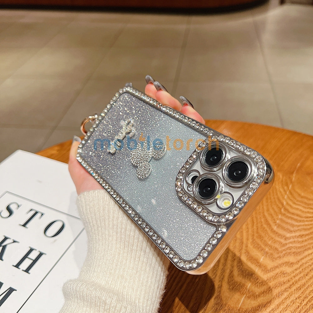 Luxury Design Glittery Cartoon Diamond Border Phone Case with Bracelet - iPhone 14 Pro