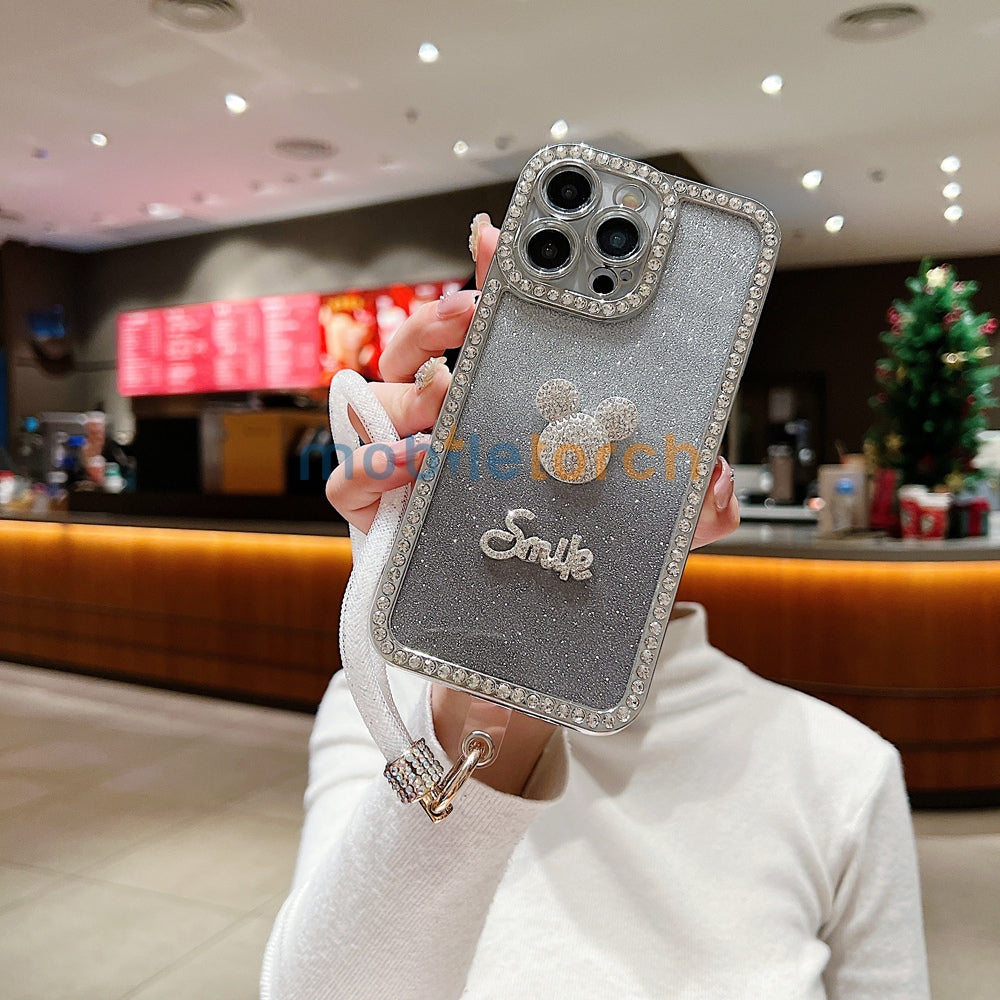Luxury Design Glittery Cartoon Diamond Border Phone Case with Bracelet - iPhone 14 Pro