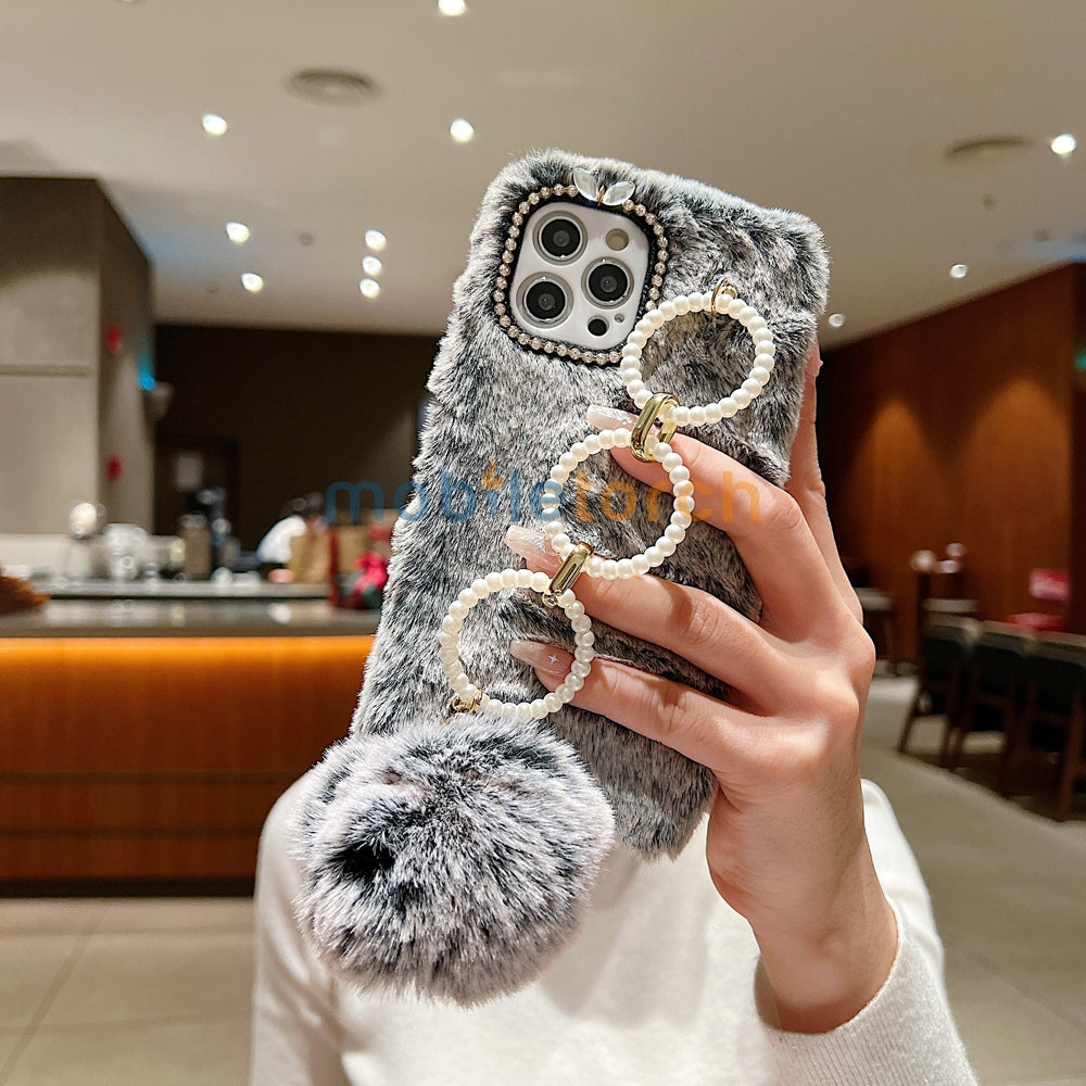 Luxury Winter Soft Furry Phone Case With Pearl Bracelet - Oppo Reno 11 Pro