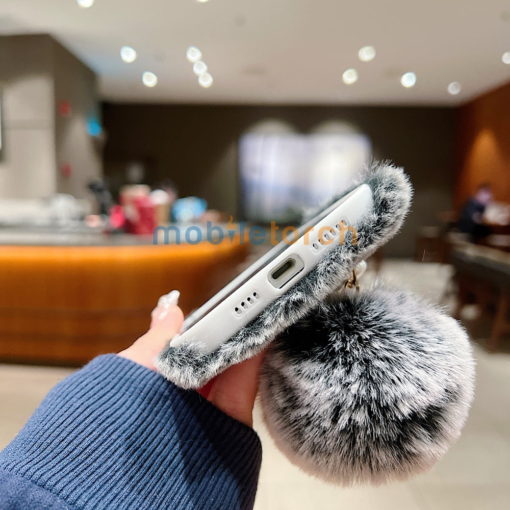 Luxury Winter Soft Furry Phone Case With Pearl Bracelet - Oppo Reno 11 Pro