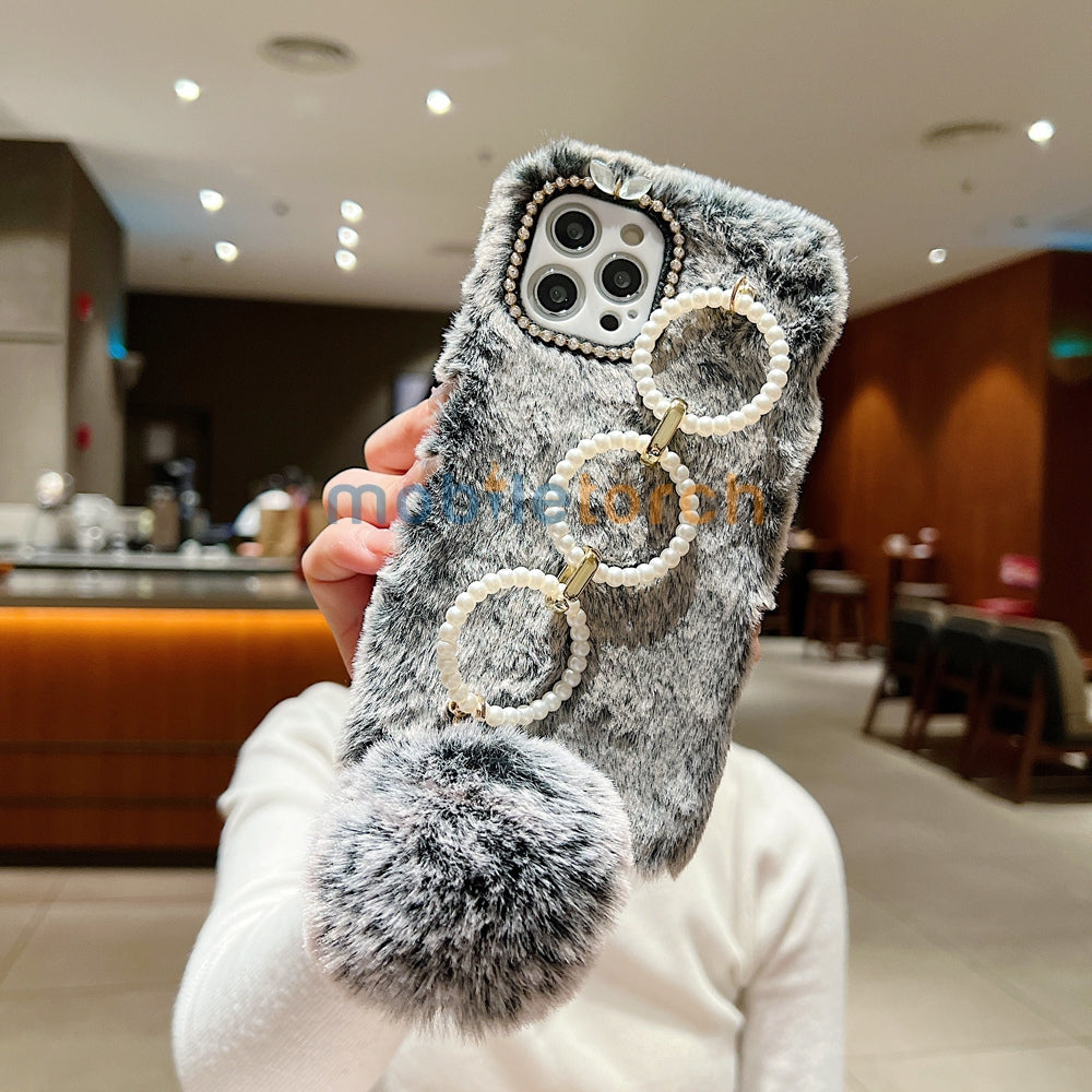 Luxury Winter Soft Furry Phone Case With Pearl Bracelet - Oppo Reno 11 Pro