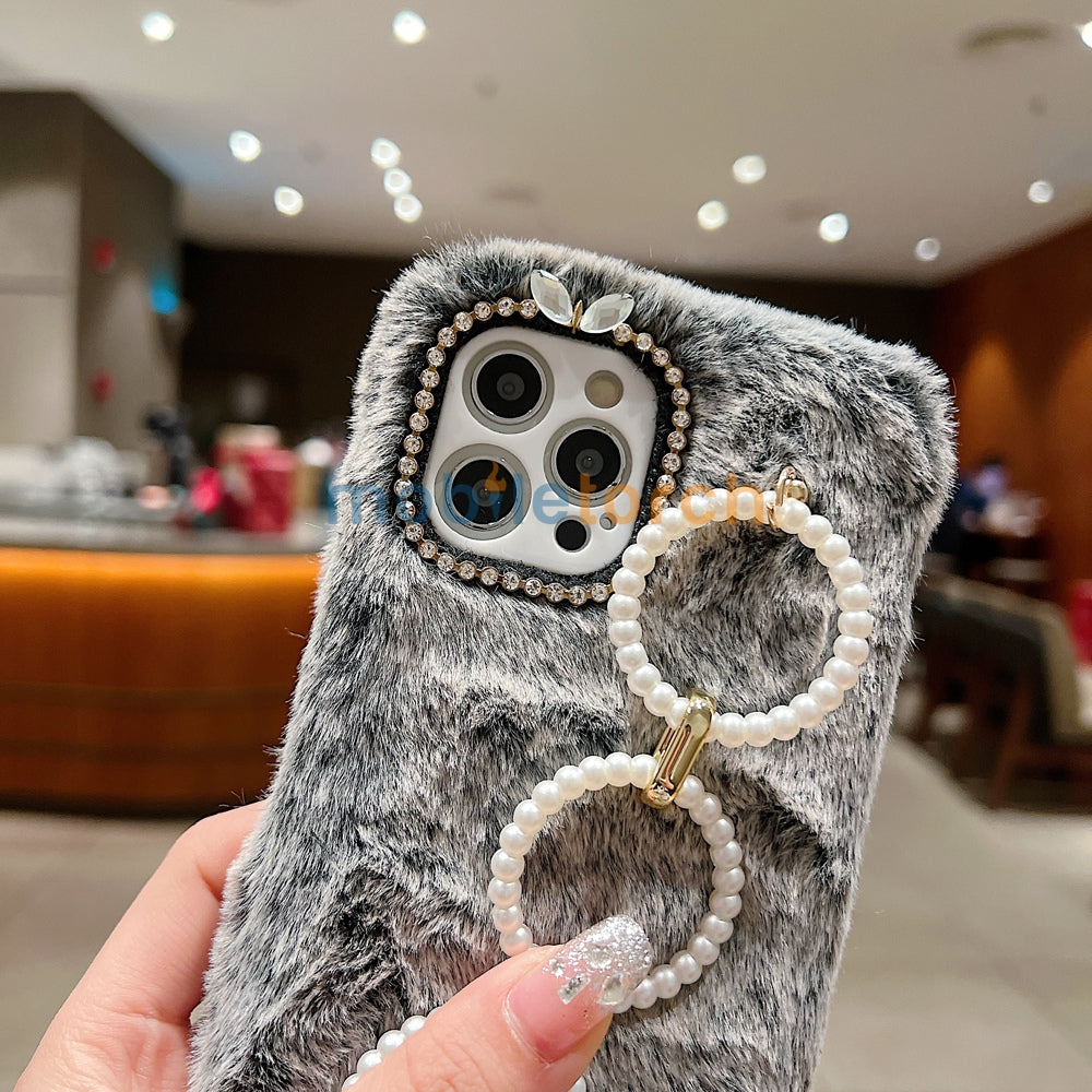 Luxury Winter Soft Furry Phone Case With Pearl Bracelet - Oppo Reno 11 Pro