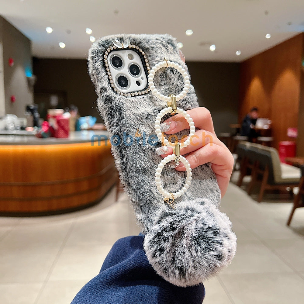 Luxury Winter Soft Furry Phone Case With Pearl Bracelet - Oppo Reno 11 Pro