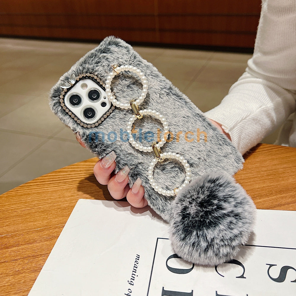 Luxury Winter Soft Furry Phone Case With Pearl Bracelet - Oppo Reno 11 Pro