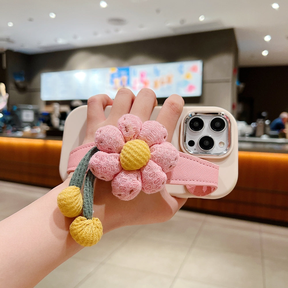 Silicone Metal Ring Flower Wrist Strap Holder Phone Case - iPhone 14 Pro