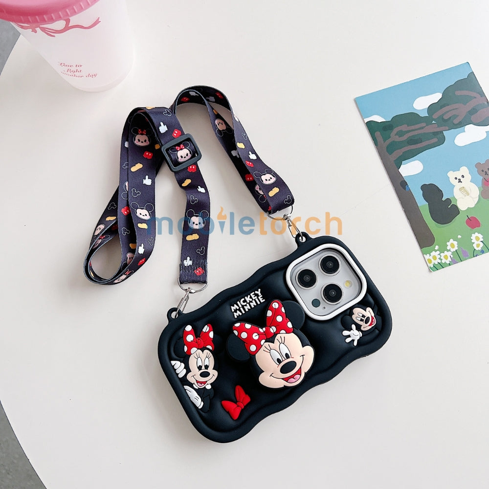 Minnie Cartoon Kickstand Phone Case with Shoulder Strap | Mobile Cover - iPhone 13 Pro Max