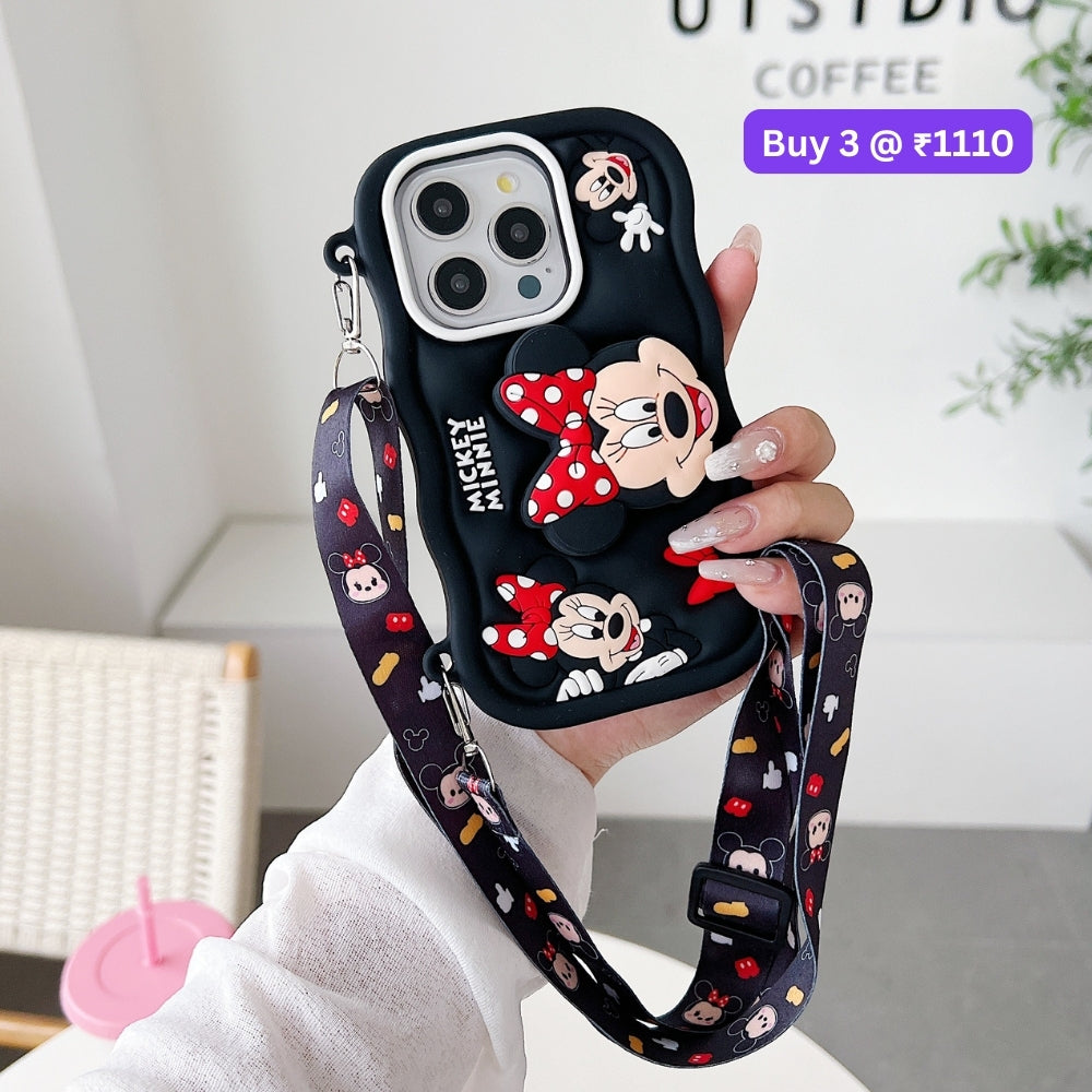 Minnie Cartoon Kickstand Phone Case with Shoulder Strap | Mobile Cover - iPhone 13