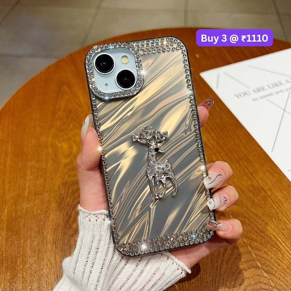 Mriga Charm with Shining Diamond Border PC (Hard) and TPU (Soft) Phone Case | Mobile Cover - iPhone 15 Plus