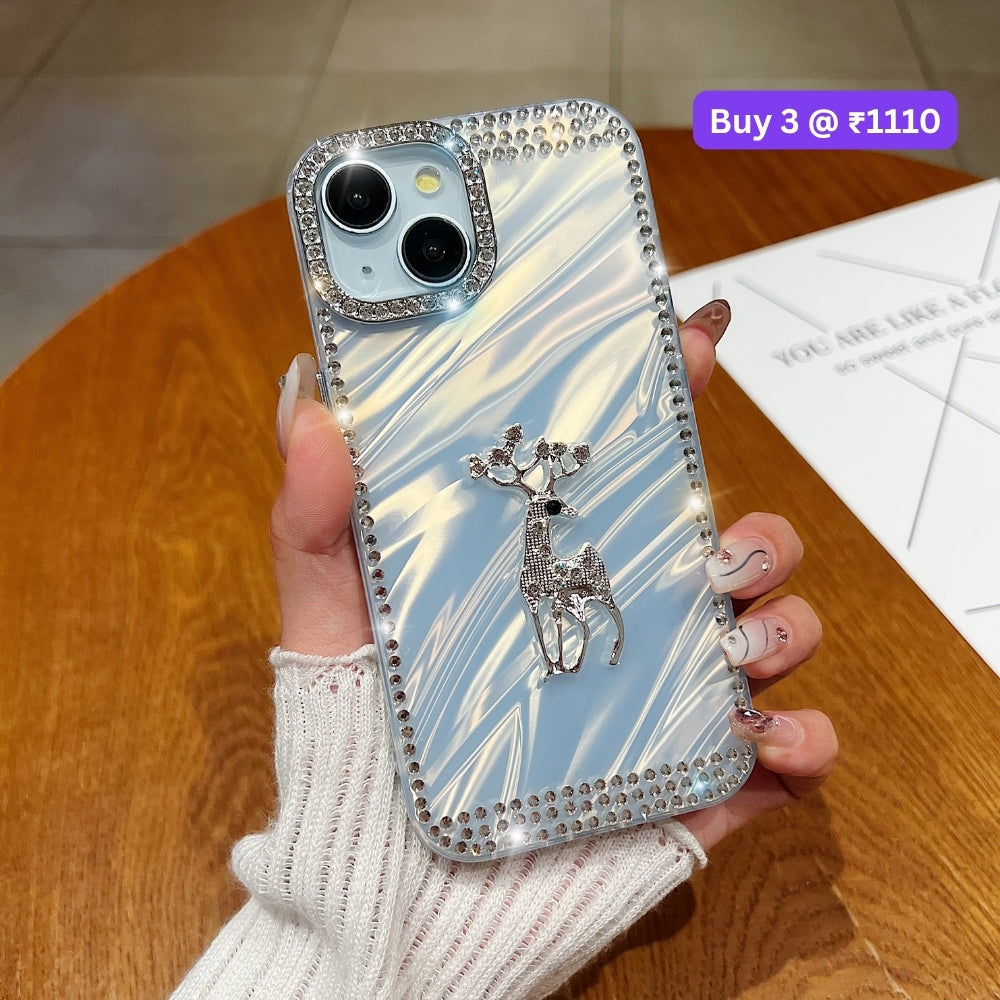 Mriga Charm with Shining Diamond Border PC (Hard) and TPU (Soft) Phone Case | Mobile Cover - iPhone 15 Plus