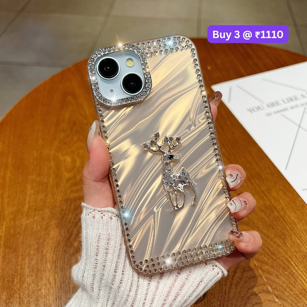 Mriga Charm with Shining Diamond Border PC (Hard) and TPU (Soft) Phone Case | Mobile Cover - iPhone 15 Plus