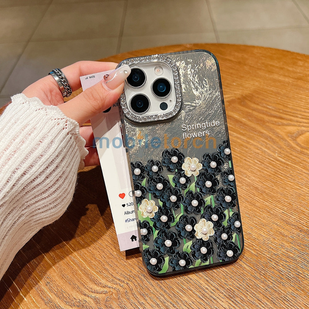 Oil Painted Flower with Embossed Pearl TPU (Soft) Phone Case | Mobile Cover - iPhone 13