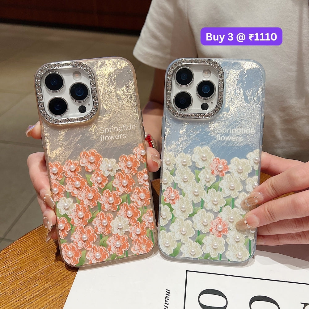 Oil Painted Flower with Embossed Pearl TPU (Soft) Phone Case | Mobile Cover - iPhone 13