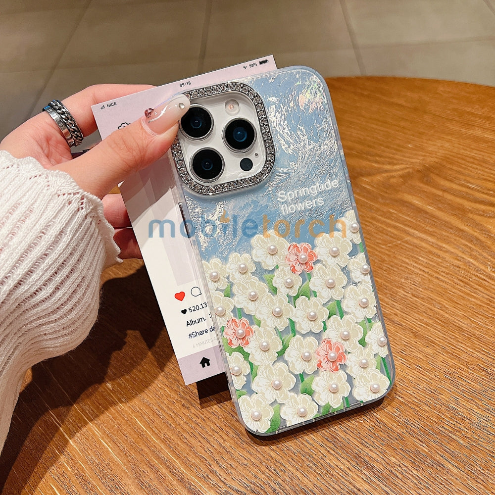 Oil Painted Flower with Embossed Pearl TPU (Soft) Phone Case | Mobile Cover - iPhone 13